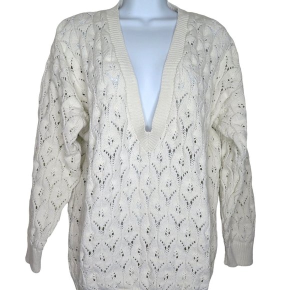 Vintage 80s Harot Pullover Cotton Sweater L White Open Knit V Neck Made in USA - Picture 2 of 10